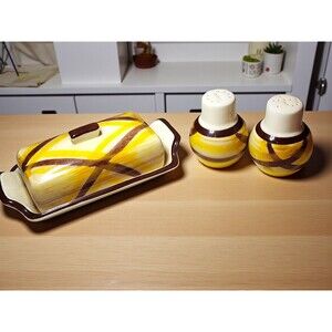 Vintage Vernonware Organdie Butter Dish Salt Pepper Shakers Set Yellow Plaid MCM